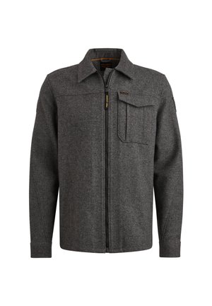 Grijze, zip-up jas van textuurstof. Kenmerken zijn een kraag, een borstzak en lange mouwen met aansluitende manchetten.