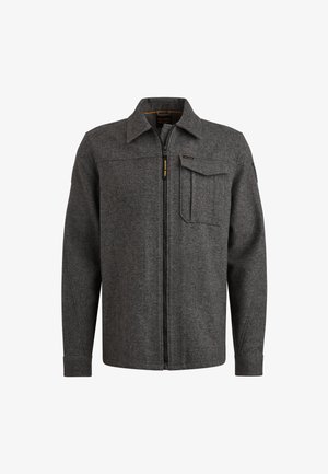 Sivi jakna na patent s teksturiranim materijalom. Ima ovratnik, jedan džep na prsima i duge rukave s prilagodljivim manžetama.