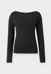 Zwart, lang mouw fitted shirt met een brede ronde halslijn, weergegeven tegen een witte achtergrond.
