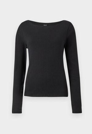 Mustad musta pikema varrukaga slim-fit särk, laia ümarate kaelustega, esitatud lihtsa valge tausta ees.