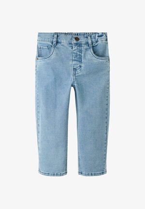 hele sinised teksapüksid väikelastele, elastse vöökohaga, ees nupp, vööaasad ja esimesed taskud valgel taustal.