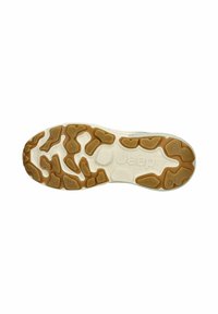 Sohle eines Sneakers mit einer flexiblen, weißen Gummibasis und einer strukturierten Gummisohle. Auffälliges "Jeep"-Logo sichtbar.