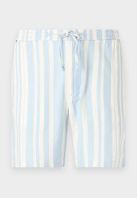 Shorts rayés bleu clair avec une taille à cordon. Le matériau est doux, présentant des rayures blanches larges et étroites alternativement.