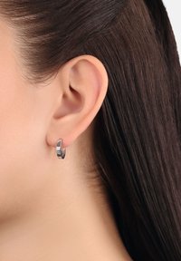 Liten, polerad silverörhäng med en geometrisk design. Örhänget är glänsande med en slät, reflekterande yta.