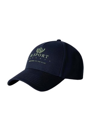 Navy blue baseball cap with curved brim, featuring "H.SPORT HACKETT WELCOME TO THE CLUB" embroidered in light green on front panel.