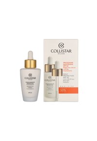 Gocce protettive Collistar in un flacone di vetro bianco satinato con un tappo contagocce dorato, accanto a una scatola bianca con informazioni sul prodotto e SPF 50.