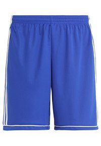 Pantalones cortos deportivos azules hechos de tela ligera, con una cintura elástica y franjas laterales blancas, con una textura suave.