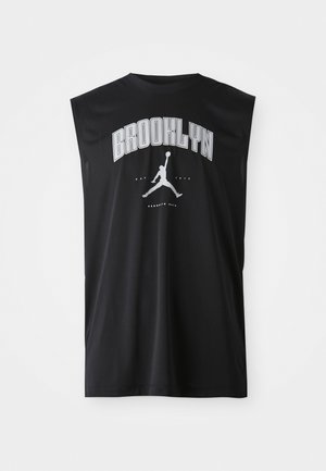 Fekete ujjatlan sportpóló, középen szürke "BROOKLYN" felirattal, és egy fehér kosárlabdázó sziluett logóval, sima textúrával.