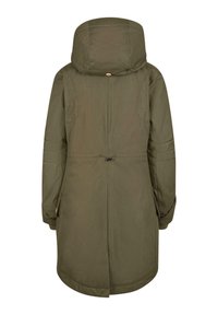 Olive krāsas parka mēteli ar kapuci, ar sašaurināmu jostu, garām piedurknēm un taisnu apakšmali. Gluda auduma ar sānu kabatām.