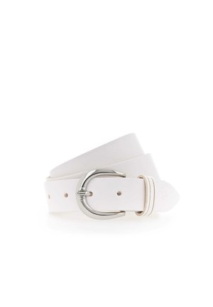 Biały skórzany pasek zwinięty z srebrną zaokrągloną metalową klamrą, pokazujący trzy otwory do regulacji i pętlę na pasek.