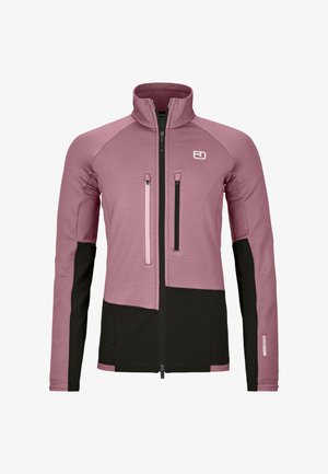 Fitted long-sleeve jacket in mauve and black with stand collar, front zipper, two vertical chest zip pockets, and logo on left chest.
