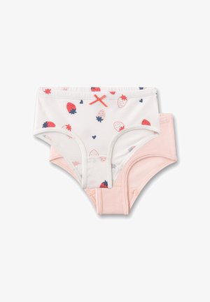 Zwei Mädchen-Slips aus Baumwolle: eines weiß mit Erdbeer- und Herzmuster, das andere schlicht rosa. Beide haben einen weichen Bund und gestickte Kanten.