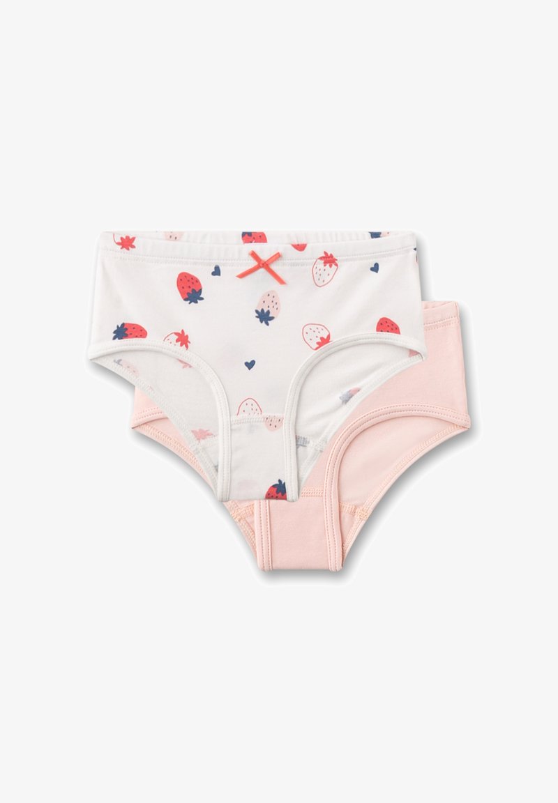 Zwei Mädchen-Slips aus Baumwolle: eines weiß mit Erdbeer- und Herzmuster, das andere schlicht rosa. Beide haben einen weichen Bund und gestickte Kanten.