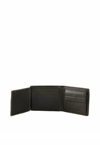 Dunkles Lederportemonnaie, Bifold-Design, mit mehreren Kartenfächern, einer glatten Oberfläche und einer äußeren Einschubtasche, nach links geöffnet.