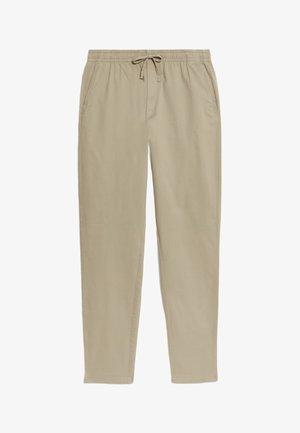 Pantaloni lounge in cotone beige con vita elasticizzata e cordoncino, dotati di tasche laterali e design a gamba dritta.