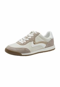 Sneakers con una combinazione di colori crema e beige, caratterizzati da una tomaia in suede e tessuto, lacci bianchi, suola in gomma e una forma slanciata e arrotondata.