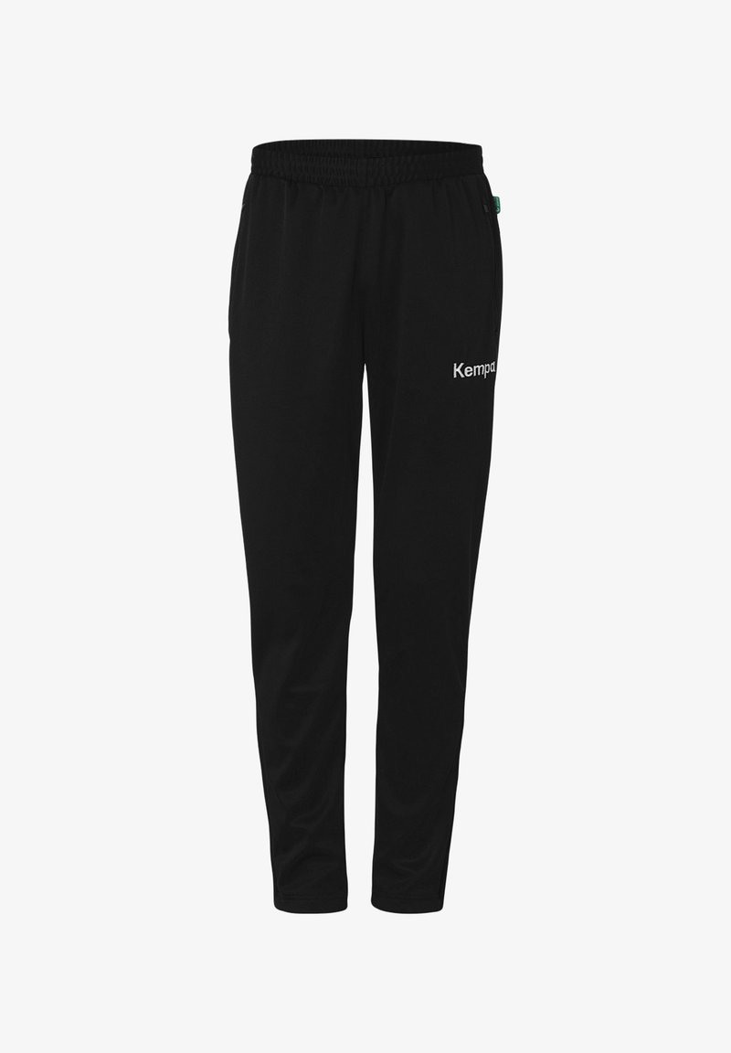 Pantaloni sportivi neri con vita elasticizzata, caratterizzati da un logo bianco che recita "Kemp" sulla parte inferiore della gamba sinistra. Tessuto liscio, design a gamba dritta.