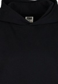 Svart hettegenser i økologisk bomull med en lomme foran, snøring i hetten, og merket "Urban Classics." Størrelse XS, med en glatt tekstur.