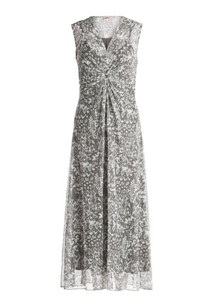 Maxi dress in tessuto leggero grigio trasparente con motivo floreale, design senza maniche, scollatura a V profonda e dettaglio arricciato con nodo in vita.