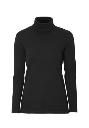 Mustat turtleneck-pusero, joka on valmistettu pehmeästä ja joustavasta kankaasta. Pitkät hihat ja vartalonmyötäinen leikkaus, jossa on sileä pinta ilman ylimääräisiä kuvioita.