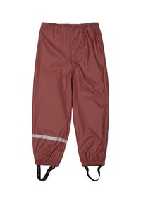 Vandtætte røde bukser med en glat overflade, elastisk talje, reflekterende sølvstribe og justerbare sorte stropper ved anklerne.
