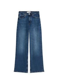 Jean bleu taille haute, à large jambe, avec poches avant, bouton, fermeture éclair, et délavage sur les cuisses et les genoux.