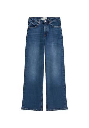 Niebieskie dżinsy z wysokim stanem, szerokimi nogawkami, z przednimi kieszeniami, zapinane na guzik i zamek błyskawiczny, z wyblednięciami na udach i kolanach.