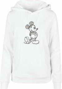 Witte hoodie met een zwarte schets van een cartoonfiguur op de voorkant. Het ontwerp bevat een kangoeroe-pocket en een capuchon met trekkoord.