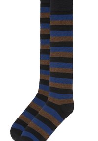 Calcetines hasta la rodilla con rayas horizontales en azul, marrón y negro. Fabricados con un tejido suave y de textura lisa, con puño elástico.