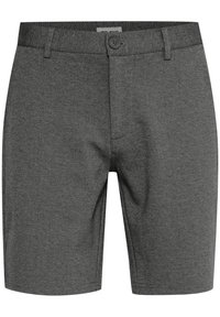 Gray shorts made of a textured fabric, featuring a button closure, belt loops, and front pockets, with a straight cut design.