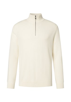 Hellbeiger Langarm-Pullover mit geripptem Stehkragen und kurzem Frontreißverschluss, ausgestattet mit gerippten Bündchen und Saum.