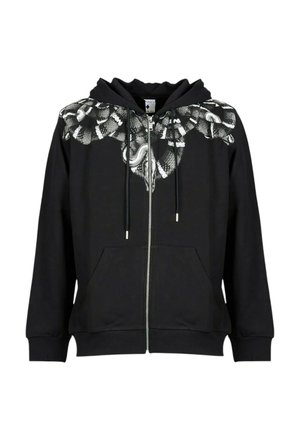 Felpa nera con zip realizzata in tessuto morbido, con design grafico di serpenti intrecciati bianchi sulla parte superiore frontale. Include tasche.