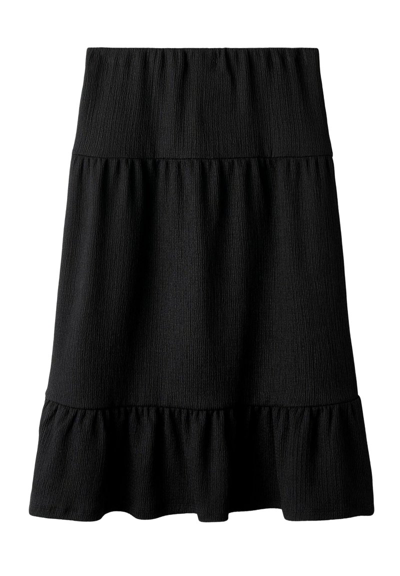 Jupe noire en tissu texturé et côtelé, dotée d'une large taille élastique et d'un détail en volants évasés à l'ourlet.
