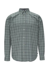 Langsleeve knopshirt in een groen en marineblauw geruit patroon. Beschikt over een klassieke kraag en een ronde zoom. Katoenen stof.