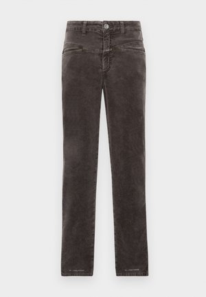 Jeans de canalé gris oscuro con corte recto, diseño de cinco bolsillos y cierre frontal con botón estándar. Textura suave con un brillo sutil.