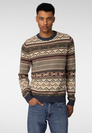 Ung mann iført en beige, blå og brun mønstrete genser og blå jeans, som står med en hånd i lommen foran en ensfarget bakgrunn.