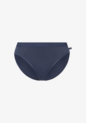 Dunkelblaue Damen-Unterhosen aus glattem Material. Mit einem weichen, elastischen Bund und dezentem Branding. Klassischer Schnitt und vollständige Abdeckung.