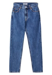 Modré denimové džíny se střihem rovného nohavice, s pěti kapsami, zapínáním na knoflík a měděnými nýtky. Měkká textura s vybledlým vzhledem.