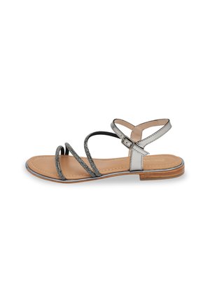 Strappy sandal in silver and black with a smooth leather footbed and a low wooden heel. Features a buckle closure and subtle metallic accents.
