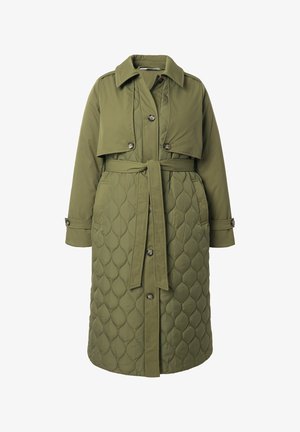 Olijfgroen gewatteerd langjack met een riem om de taille, grote knopen en een dubbel-breasted ontwerp, met een cropped bovenlaag en schouderepauletten.