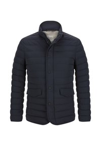 Dunkelblauer Steppjacke für Herren mit Stehkragen, Frontverschluss mit Knöpfen und Reißverschluss sowie Klapptaschen.