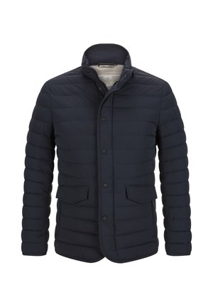 Dunkelblauer Steppjacke für Herren mit Stehkragen, Frontverschluss mit Knöpfen und Reißverschluss sowie Klapptaschen.