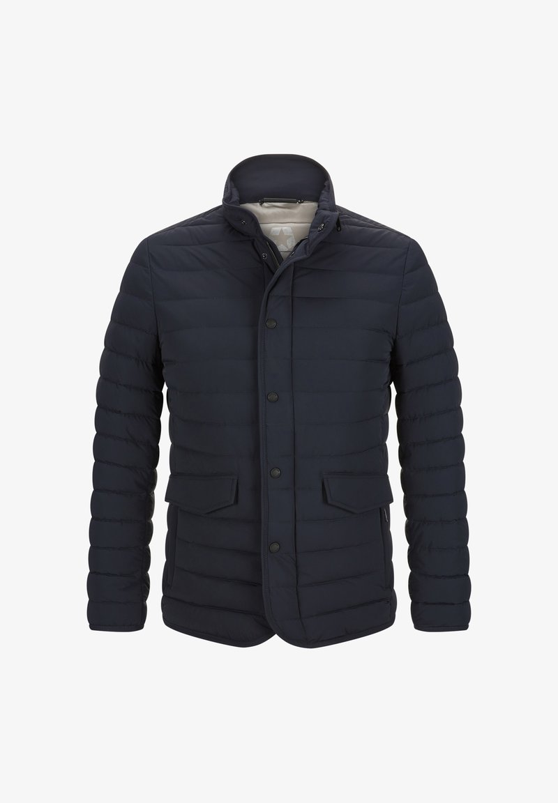 Dunkelblauer Steppjacke für Herren mit Stehkragen, Frontverschluss mit Knöpfen und Reißverschluss sowie Klapptaschen.