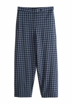 Checkered trousers in dark blue and gray fabric, featuring a loose fit, button closure, and subtle pocket detail.