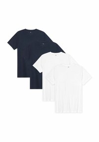 Cztery koszulki ułożone jedna na drugiej: dwie ciemnogranatowe z przodu, dwie białe z tyłu. Wszystkie mają krótkie rękawy, okrągły dekolt i gładką bawełnianą fakturę.