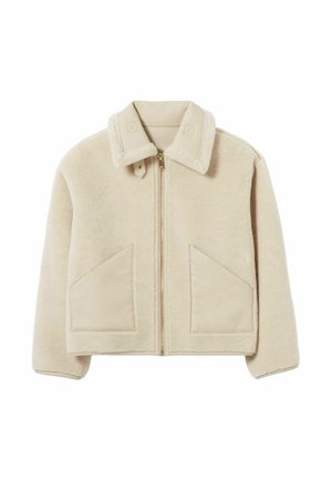 Giacca in pelliccia sintetica beige con chiusura a zip, colletto, due ampie tasche frontali e delicati dettagli di cucitura sul colletto e sulle tasche.