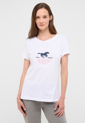 White cotton t-shirt with a round neckline, short sleeves, and a graphic print featuring a running horse in dark blue and pink text.