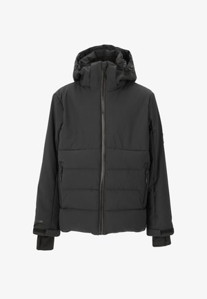 Sort polstret jakke med høj krave og justerbar hætte. Har lynlås foran og sidelommer samt elastiske ærmer. Glat tekstur.