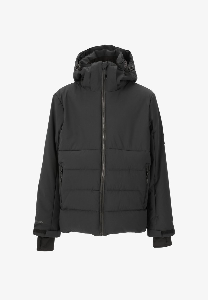 Schwarze gepolsterte Jacke mit hohem Kragen und verstellbare Kapuze. Verfügt über einen Reißverschluss vorne und seitliche Taschen sowie elastische Bündchen. Glatte Textur.