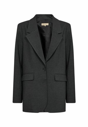 Šedý blazer vyrobený z texturované látky, s klopovým límečkem, zapínáním na jeden knoflík a dvěma předními kapsami. Podšitý interiér.